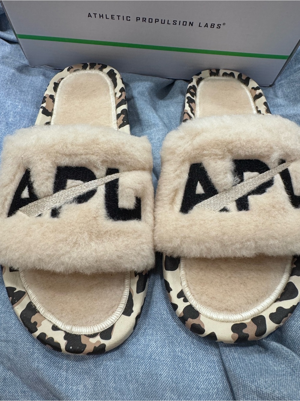APL Beige Shearling Slide Sandals with Black Logo & Leopard Trim - Picture 1 of 4
